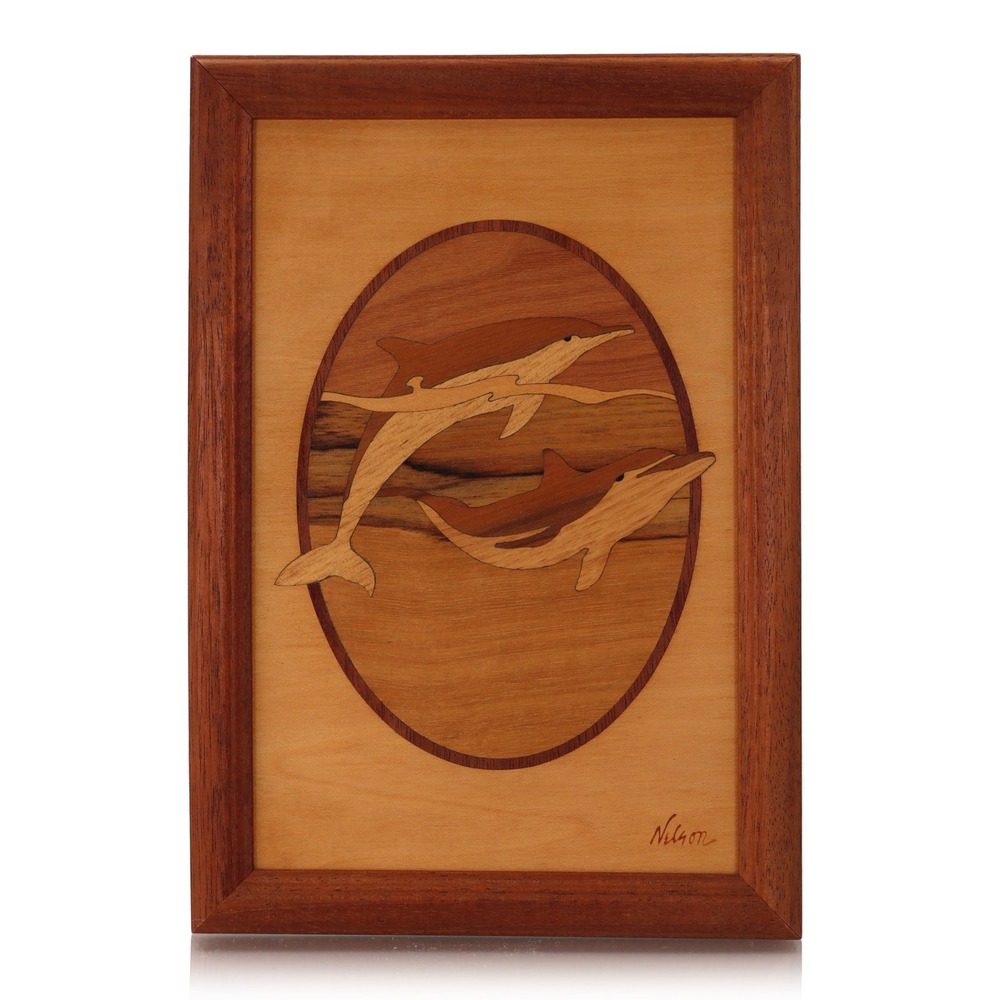 Hudson River Inlay Wood Marquetry Art Dolphin Plaque Signed Jeff Nelson 6.5x9.5